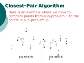 Here is an example where we have to
compare points from sub-problem 1 to the
points in sub-problem 2.
1
2
3
4
5
6
7
8
9
1
0
1
1
1
2
1
3 1
4
Closest-Pair Algorithm
d1
d2
Sub-Problem
1
Sub-Problem
2
 