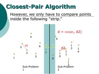 However, we only have to compare points
inside the following “strip.”
1
2
3
4
5
6
7
8
9
1
0
1
1
1
2
1
3 1
4
Closest-Pair Algorithm
d1
d2
Sub-Problem
1
Sub-Problem
2
dd
d = min(d1, d2)
 