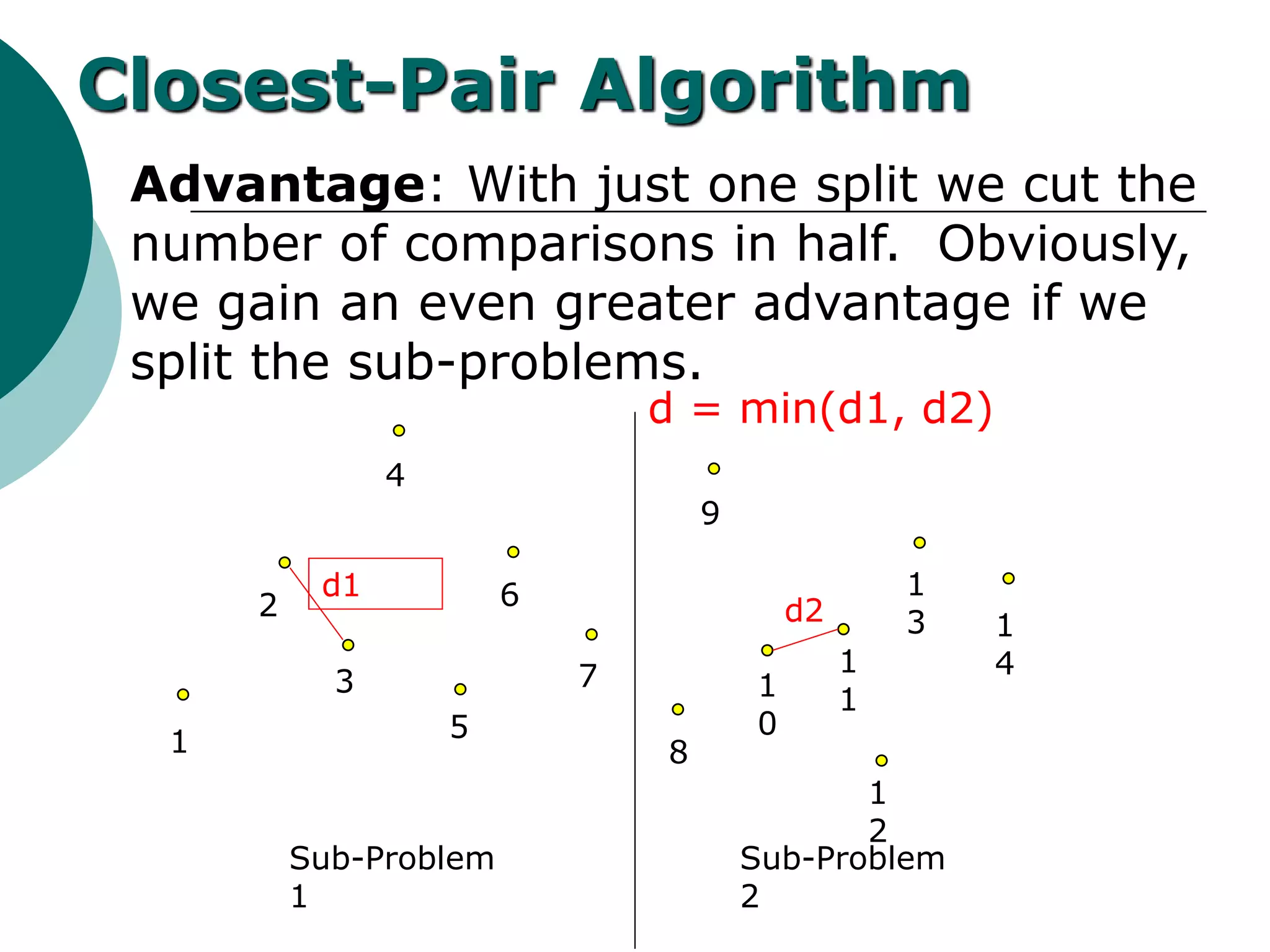 Advantage: With just one split we cut the
number of comparisons in half. Obviously,
we gain an even greater advantage if we
split the sub-problems.
1
2
3
4
5
6
7
8
9
1
0
1
1
1
2
1
3 1
4
Closest-Pair Algorithm
d1
d2
Sub-Problem
1
Sub-Problem
2
d = min(d1, d2)
 