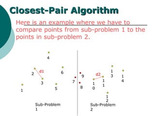 Here is an example where we have to
compare points from sub-problem 1 to the
points in sub-problem 2.
1
2
3
4
5
6
7
8
9
1
0
1
1
1
2
Sub-Problem
2
1
3 1
4
Closest-Pair Algorithm
d1
d2
Sub-Problem
1
 