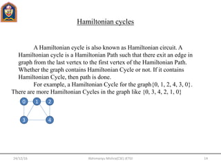 24/12/16 14Abhimanyu Mishra(CSE) JETGI
Hamiltonian cycles
A Hamiltonian cycle is also known as Hamiltonian circuit. A
Hamiltonian cycle is a Hamiltonian Path such that there exit an edge in
graph from the last vertex to the first vertex of the Hamiltonian Path.
Whether the graph contains Hamiltonian Cycle or not. If it contains
Hamiltonian Cycle, then path is done.
For example, a Hamiltonian Cycle for the graph{0, 1, 2, 4, 3, 0}.
There are more Hamiltonian Cycles in the graph like {0, 3, 4, 2, 1, 0}
0 1 2
3 4
 