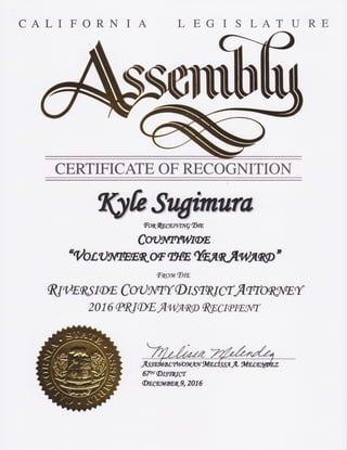 California Legislature Assembly – Certificate of Recognition for Kyle Sugimura 
