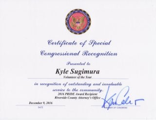United States Congress – Certificate of Special Congressional Recognition to Kyle Sugimura