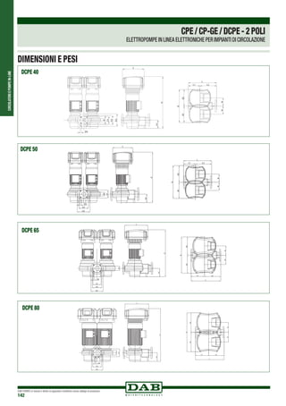 CIRCOLATORIEPOMPEIN-LINE
DAB PUMPS si riserva il diritto di apportare modifiche senza obbligo di preavviso
142
H
H1
Y
D
D1
D3
D2
D4 L
L1 L2
B
B1B2
NN
H
H1
Y
D
D1
D3
D2
D4 L
L1 L2
B
B1B2
NN
D
D1
D4
D3
D2
H
H1
L1 L2
L
NN
B
B1B2
Y
D
D1
D4
D3
D2
H
H1
L1 L2
L
NN
B
B1B2
Y
B
B2B1
L1 L2
L
NN
H
H1
Y
D
D1
D4
D3
D2
B
B2B1
L1 L2
L
NN
H
H1
Y
D
D1
D4
D3
D2
NN
L1 L2
L
B2B1
B
H1
H
Y
D
D1
D3
D4
D2
NN
L1 L2
L
B2B1
B
H1
H
Y
D
D1
D3
D4
D2
CPE/CP-GE/DCPE-2POLI
ELETTROPOMPE IN LINEA ELETTRONICHE PER IMPIANTI DI CIRCOLAZIONE
DIMENSIONI E PESI
DCPE 40
DCPE 50
DCPE 65
DCPE 80
 