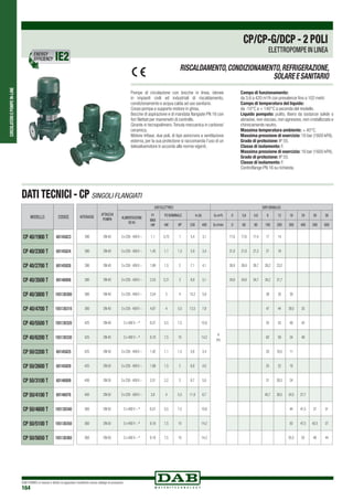 CIRCOLATORIEPOMPEIN-LINE
DAB PUMPS si riserva il diritto di apportare modifiche senza obbligo di preavviso
164
DATI TECNICI - CP SINGOLI FLANGIATI
INTERASSE
ATTACCHI
POMPA
DATI ELETTRICI DATI IDRAULICI
ALIMENTAZIONE
50 Hz
P1
MAX
kW
P2 NOMINALE In (A) Q=m3
h 0 3,6 4,8 6 12 18 24 30 36
kW HP 230 400 Q=l/min 0 60 80 100 200 300 400 500 600
390 DN 40 3 x 230 - 400V ~ 1,1 0,75 1 5,4 3,1
H
(m)
17,6 17,6 17,4 17 14
390 DN 40 3 x 230 - 400V ~ 1,45 1,1 1,5 5,9 3,4 21,8 21,8 21,3 21 18
390 DN 40 3 x 230 - 400V ~ 1,89 1,5 2 7,1 4,1 26,9 26,9 26,7 26,2 23,2
390 DN 40 3 x 230 - 400V ~ 2,53 2,21 3 8,9 5,1 34,8 34,9 34,7 34,2 31,7
380 DN 40 3 x 230 - 400V ~ 3,54 3 4 10,2 5,9 38 35 30
380 DN 40 3 x 230 - 400V ~ 4,87 4 5,5 13,5 7,8 47 44 39,5 35
425 DN 40 3 x 400 V ~ ¹ 6,57 5,5 7,5 10,6 55 53 48 42
425 DN 40 3 x 400 V ~ ¹ 9,18 7,5 10 14,2 62 59 54 49
425 DN 50 3 x 230 - 400V ~ 1,42 1,1 1,5 5,8 3,4 20 16,5 11
425 DN 50 3 x 230 - 400V ~ 1,89 1,5 2 6,9 4,0 25 22 16
400 DN 50 3 x 230 - 400V ~ 2,51 2,2 3 8,7 5,0 31 28,5 24
400 DN 50 3 x 230 - 400V ~ 3,8 4 5,5 11,6 6,7 40,7 38,5 34,5 27,7
360 DN 50 3 x 400 V ~ ¹ 6,57 5,5 7,5 10,6 44 41,5 37 31
360 DN 50 3 x 400 V ~ ¹ 9,18 7,5 10 14,2 50 47,5 42,5 37
360 DN 50 3 x 400 V ~ ¹ 9,18 7,5 10 14,2 55,5 53 49 44
MODELLO CODICE
CP 40/1900 T 60145823
CP 40/2300 T 60145824
CP 40/2700 T 60145928
CP 40/3500 T 60146008
CP 40/3800 T 105130300
CP 40/4700 T 105130310
CP 40/5500 T 105130320
CP 40/6200 T 105130330
CP 50/2200 T 60145825
CP 50/2600 T 60145929
CP 50/3100 T 60146009
CP 50/4100 T 60146076
CP 50/4600 T 105130340
CP 50/5100 T 105130350
CP 50/5650 T 105130360
CP/CP-G/DCP - 2 POLI
ELETTROPOMPE IN LINEA
Pompe di circolazione con bocche in linea, idonee
in impianti civili ed industriali di riscaldamento,
condizionamento e acqua calda ad uso sanitario.
Corpo pompa e supporto motore in ghisa.
Bocche di aspirazione e di mandata flangiate PN 16 con
fori filettati per manometri di controllo.
Girante in tecnopolimero.Tenuta meccanica in carbone/
ceramica.
Motore trifase, due poli, di tipo asincrono a ventilazione
esterna, per la sua protezione si raccomanda l’uso di un
telesalvamotore in accordo alle norme vigenti.
Campo di funzionamento:
da 3,6 a 420 m3
/h con prevalenze fino a 102 metri.
Campo di temperatura del liquido:
da -10°C a + 140°C a seconda del modello.
Liquido pompato: pulito, libero da sostanze solide o
abrasive, non viscoso, non agressivo, non cristallizzato e
chimicamente neutro.
Massima temperatura ambiente: + 40°C.
Massima pressione di esercizio: 16 bar (1600 kPA).
Grado di protezione: IP 55.
Classe di isolamento: F.
Massima pressione di esercizio: 16 bar (1600 kPA).
Grado di protezione: IP 55.
Classe di isolamento: F.
Controflange PN 16 su richiesta.
RISCALDAMENTO,CONDIZIONAMENTO,REFRIGERAZIONE,
SOLARE E SANITARIO
ENERGY
EFFICIENCY
 