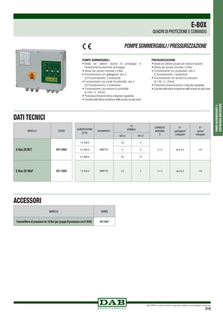 DAB PUMPS si riserva il diritto di apportare modifiche senza obbligo di preavviso
219
POMPEAUTOADESCANTIE
CENTRIFUGHEMULTISTADIO
E-BOX
QUADRI DI PROTEZIONE E COMANDO
POMPESOMMERGIBILI/PRESSURIZZAZIONE
MODELLO CODICE
E-Box 2D M/T 60114868
E-Box 2D 40uF 60114869
POMPE SOMMERGIBILI
•	Ideale per pilotare stazioni di pompaggio in
riempimento/svuotamento (drenaggio)
•	Idoneo per pompe monofasi o trifasi
•	Funzionamento con galleggianti, max 5
		(2/3 funzionamento, 2 protezione)
•	Funzionamento con sonde di profondità, max 5
		(2/3 funzionamento, 2 protezione)
•	Funzionamento con sensore di profondità
		(0-10V / 4...20mA)
•	Protezione Amperometrica integrata regolabile
•	Scambio dell’ordine di partenza delle pompe ad ogni avvio
PRESSURIZZAZIONE
•	Ideale per pilotare gruppi per pressurizzazione
•	Idoneo per pompe monofasi o trifasi
•	Funzionamento con pressostati, max 4
	 (2 funzionamento, 2 protezione)
•	Funzionamento con sensore di pressione
	 (0-10V / 4...20mA)
•	Protezione Amperomentrica integrata regolabile
•	Scambio dell’ordine di partenza delle pompe ad ogni avvio
ALIMENTAZIONE
50 Hz
AVVIAMENTO
P2
NOMINAL
CORRENTE
MASSIMA
A
N°
galleggianti
collegabili
N°
pompe
collegabili
kW x2 HP x2
1 X 230 V
DIRETTO
2,2 3
12+12 da 2 a 5 1/23 x 230 V 3 4
3 x 400 V 5,5 7,5
1 X 230 V DIRETTO 2,2 3 12+12 da 2 a 5 1/2
DATI TECNICI
ACCESSORI
MODELLO CODICE
Trasmettitore di pressione da 16 Bar (per gruppi di pressione con E-BOX) 60116837
 