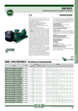 DAB PUMPS si riserva il diritto di apportare modifiche senza obbligo di preavviso
247
pompecentrifughe
Pompe centrifughe normalizzate su basamento con
giunto elastico, elettroniche progettate per un’ampia
gamma di applicazioni, quali:
• Impianti idrici in abitazioni e condomini
• Impianti idrici per campeggi e aziende agricole
• Impianti di alimentazione idrica da pozzi
• Impianti di irrigazione per serre,giardini,agricoltura
• Impianti industriali
• Impianti di riutilizzo delle acque piovane
• Creazione di gruppi di pressurizzazione (max 8 pompe)
Particolarmente versatile grazie all’utilizzo dell’inverter
DAB MCE/P garantisce prestazioni in grado di adattarsi
automaticamente alle diverse richieste dell’impianto
mantenendo pressione costante. Sensore di pressione
fornito di serie. Corpo a spirale monostadio in ghisa
conforme alla DIN-EN 733 (ex DIN 24255), coperchio
portatenuta e supporto motore in ghisa, flange conformi
alla DIN 2533 (DIN 2532 per il DN 200).Girante in ghisa,
chiusaedequilibratadinamicamenteconcompensazione
dellaspintaassialetramiteforidiequilibrio,funzionante(a
richiesta)suanellidiusuraintercambiabili.Alberopompa
inacciaioinossidabilesupportatodaduecuscinettiasfera
ampiamente dimensionati,ingrassati a vita e alloggiati in
un’apposita camera all’interno del supporto.
Dispositivo di tenuta standard: tenuta meccanica
normalizzata secondo la DIN 24960 in carbone/carburo
di silicio con anelli OR in EPDM.A richiesta possibilità di
tenuta a baderna con anello idraulico di lubrificazione e
premitreccia in due parti facilmente asportabili.
Motore di tipo asincrono chiuso e raffreddato a ventilazione
esterna a 2 o a 4 poli. Rotore montato su cuscinetti a sfere
ampiamentedimensionatipergarantiresilenziositàedurata.
Protezioneelettrica:secondonormerecepitedallaDIRETTIVA
DELLA COMPATIBILITÀ ELETTROMAGNETICA CEE 89/336
e successive modifiche, DIRETTIVA BASSA TENSIONE CEE
73/23 e successive modifiche e norme CEI 2-3.
Forma costruttiva: B3.
Velocità di rotazione: 1450 - 2900 1/min.
Campo di funzionamento:
da 1 a 440 m3
/h con prevalenza fino a 70 metri.
Campo di temperatura del liquido:
da -10°C a +140°C.
Liquido pompato: pulito libero da sostanze solide o
abrasive, non viscoso, non aggressivo, non cristallizzato
e chimicamente neutro prossimo alle caratteristiche
dell’acqua.
Massima temperatura ambiente: +40°C.
Massima pressione di esercizio:
16 bar - 1600 kPa (per il DN 200 max 10 bar).
Grado di protezione: IP 55.
Classe di isolamento: F.
Flangiatura:
PN 16 DIN 2533.
PN 10 DIN 2532 per DN 200.
Installazione: normalmente in posizione orizzontale.
Esecuzioni speciali a richiesta:
pompe per liquidi diversi dall’acqua.
Tenuta a baderna (anche alimentata esternamente).
Altre tensioni e/o frequenze.
KDNEMCE/P
ELETTROPOMPE CENTRIFUGHE SU BASAMENTO CON INVERTER
PRESSURIZZAZIONE
PAG. 8
MCE/P
KDNE 2 POLI CON MCE/P - PER IMPIANTI DI PRESSURIZZAZIONE
MODELLO CODICE
KDNE 32-125.1/130/A/BAQE/1/2.2/2 MCE22/P 60147810
KDNE 32-125.1/140/A/BAQE/1/3/2 MCE30/P 60147815
KDNE 32-125/125/A/BAQE/1/2,2/2 MCE22/P 60147816
KDNE 32-125/130/A/BAQE/1/3/2 MCE30/P 60147817
KDNE 32-125/142/A/BAQE/1/4/2 MCE55/P 60147818
KDNE 32-160.1/137/A/BAQE/1/1,5/2 MCE22/P 60147819
KDNE 32-160.1/145/A/BAQE/1/2,2/2 MCE22/P 60147820
KDNE 32-160.1/153/A/BAQE/1/3/2 MCE30/P 60147821
KDNE 32-160.1/177/A/BAQE/1/5,5/2 MCE55/P 60147822
KDNE 32-160/145/A/BAQE/1/3/2 MCE30/P 60147823
KDNE 32-160/161/A/BAQE/1/5,5/2 MCE55/P 60147824
KDNE 32-160/177/A/BAQE/1/7,5/2 MCE110/P 60147825
KDNE 32-200.1/170/A/BAQE/1/3/2 MCE30/P 60147827
KDNE 32-200.1/190/A/BAQE/1/5,5/2 MCE55/P 60147826
KDNE 32-200.1/207/A/BAQE/1/7,5/2 MCE110/P 60147828
KDNE 32-200/180/A/BAQE/1/5,5/2 MCE55/P 60147829
KDNE 32-200/200/A/BAQE/1/7,5/2 MCE110/P 60147830
KDNE 32-200/210/A/BAQE/1/ 11/2 MCE150/P 60147831
KDNE 32-200/219/A/BAQE/1/15/2 MCE150/P 60147832
DATI ELETTRICI DATI IDRAULICI
ALIMENTAZIONE 50 Hz
P2 NOMINALE Q (m3
/h)
(l/min)
0 6 12 18 24 30 36 42 48
kW HP 0 100 200 300 400 500 600 700 800
1x220-240V 2,2 3
H
(m)
22.3 22.2 21.3 19
3 x 400V 3 4 26.5 26.4 25.6 23.4 20.1
1x220-240V 2,2 3 20.9 20.1 18.9 16.9 13.5
3 x 400V 3 4 22.9 22 21 19.1 16.2
3 x 400V 4 5,5 27.8 27 26.1 24.5 21.7 18
1x220-240V 1,5 2 21.5 21.2 19.3
1x220-240V 2,2 3 24.7 24.5 22.3 16.5
3 x 400V 3 4 28.3 28 26 20.5
3 x 400V 5,5 7,5 39.5 39.3 38.2 34.5 26
3 x 400V 3 4 27 25.8 23.9 21.2 16.9
3 x 400V 5,5 7,5 34 33 31.7 29.1 25.5
3 x 400V 7,5 10 41.8 41.5 40.5 38.4 35.3 31.4
3 x 400V 3 4 34.3 34.2 31.9 23.5
3 x 400V 5,5 7,5 45.3 44.7 41.5 35.5
3 x 400V 7,5 10 55.3 55 51.8 46.4 37
3 x 400V 5,5 7,5 39 38.5 36.5 32.5 28
3 x 400V 7,5 10 51 49 48 45 40.5 35
3 x 400V 11 15 57 56 55 52.5 48.5 43 36
3 x 400V 15 20 63 62 61 59 56.5 52.5 46.5 39.5
EFFICIENZA
ENERGETICA
 