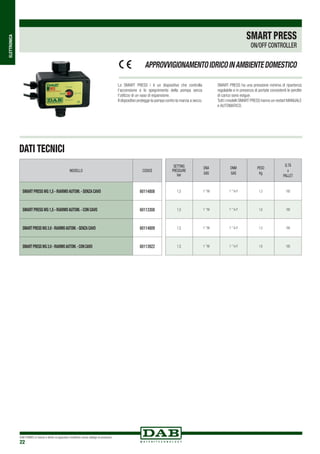 DAB PUMPS si riserva il diritto di apportare modifiche senza obbligo di preavviso
22
ELETTRONICA
SMART PRESS
ON/OFF CONTROLLER
SETTING
PRESSURE
bar
DNA
GAS
DNM
GAS
PESO
Kg
Q.TÁ
x
PALLET
1,5 1 ”M 1 ”¼ F 1,3 100
1,5 1 ”M 1 ”¼ F 1,6 100
1,5 1 ”M 1 ”¼ F 1,3 100
1,5 1 ”M 1 ”¼ F 1,6 100
APPROVVIGIONAMENTOIDRICOINAMBIENTEDOMESTICO
DATI TECNICI
MODELLO CODICE
SMARTPRESSWG1,5-riarmoautom.-senzacavo 60114808
SMARTPRESSWG1,5-riarmoautom.-concavo 60113308
SMARTPRESSWG3.0-riarmoautom.-senzacavo 60114809
SMARTPRESSWG3.0-riarmoautom.-concavo 60113922
Lo SMART PRESS i è un dispositivo che controlla
l’accensione e lo spegnimento della pompa senza
l’utilizzo di un vaso di espansione.
Il dispositivo protegge la pompa contro la marcia a secco.
SMART PRESS ha una pressione minima di ripartenza
regolabile e in presenza di portate consistenti le perdite
di carico sono esigue.
Tutti i modelli SMART PRESS hanno un restart manuale
e automatico.
 