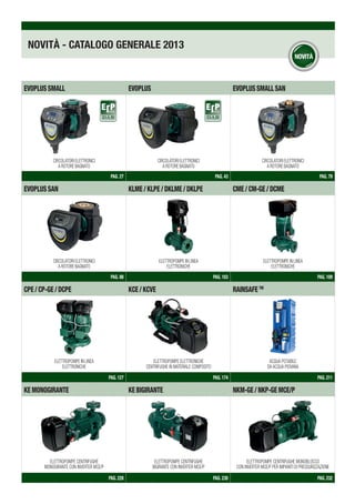 EVOPLUSSMALL EVOPLUS EVOPLUSSMALLSAN
PAG. 27 PAG. 43 PAG. 79
EVOPLUSSAN KLME/KLPE/DKLME/DKLPE CME/CM-GE/DCME
PAG. 88 PAG. 103 PAG. 109
CPE/CP-GE/DCPE KCE/KCVE RAINSAFETM
PAG. 127 PAG. 174 PAG. 211
KEMONOGIRANTE KEBIGIRANTE NKM-GE/NKP-GEmce/p
PAG. 228 PAG. 230 PAG. 232
NOVITÀ - CATALOGO GENERALE 2013
CIRCOLATORI ELETTRONICI
A ROTORE BAGNATO
CIRCOLATORI ELETTRONICI
A ROTORE BAGNATO
ELETTROPOMPE IN LINEA
ELETTRONICHE
ELETTROPOMPE CENTRIFUGHE MONOBLOCCO
CON INVERTER MCE/P PER IMPIANTI DI PRESSURIZZAZIONE
CIRCOLATORI ELETTRONICI
A ROTORE BAGNATO
ELETTROPOMPE IN LINEA
ELETTRONICHE
ELETTROPOMPE ELETTRONICHE
CENTRIFUGHE IN MATERIALE COMPOSITO
ELETTROPOMPE CENTRIFUGHE
MONOGIRANTE CON INVERTER MCE/P
CIRCOLATORI ELETTRONICI
A ROTORE BAGNATO
ELETTROPOMPE IN LINEA
ELETTRONICHE
ACQUA POTABILE
DA ACQUA PIOVANA
ELETTROPOMPE CENTRIFUGHE
BIGIRANTE CON INVERTER MCE/P
ErPeady
ErPeady
 