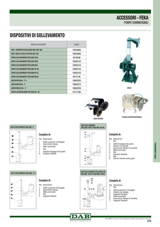 DAB PUMPS si riserva il diritto di apportare modifiche senza obbligo di preavviso
419
Completo di:
Pos.	Descrizione
1.	 Staffa superiore di fissaggio
2.	 Guarnizione flangia
3.	 Slitta scorrevole
4.	Vite
5.	 Esagono fissaggio tubi guida
6.	 Supporto filettato
	
DISP.DISOLLEVAMENTOFEKA2000-2”
Completo di:
Pos.	Descrizione
1.	Vite
2.	 Staffa superiore di fissaggio
3.	 Cilindro con battuta
4.	 Supporto flangiato
5.	 Slitta scorrevole
6.	 Guarnizione flangia di mandata
7.	 Supporto flangiato
Completo di:
Pos.	Descrizione
1.	Vite
2.	 Staffa fissaggio tubi guida
3.	 Cilindro con battuta
4.	 Guarnizione flangia di mandata
5.	 Slitta scorrevole
6.	Vite
7.	 Supporto flangiato
8.	Vite
9.	 Cilindro inferiore tubo guida
Completo di:
Pos.	Descrizione
1.	 Staffa superiore di fissaggio
2.	 Guarnizione flangia
3.	 Slitta scorrevole
4.	Vite
5.	 Supporto filettato
	
DISP.DISOLLEVAMENTOFEKA2500-2”½
MODELLOACCESSORI CODICE
DSD2-DISPOSITIVODISOLLEVAM.Feka1400-1800 109530060
DSD2-Dispos.disollev.PerFeka550-1200 109530080
Dispos.SollevevamentoFEKA2000 DN50 60149348
Dispos.SollevevamentoFEKA2500 DN65 109530120
Dispos.SollevevamentoFEKA3000DN80 109530130
Dispos.SollevevamentoFEKA4000 DN100 109530140
Dispos.SollevevamentoFEKA6000DN150 109530150
Dispos.SollevevamentoFEKA8000DN200 60141748
AdattatoreDN65- 2½ 109620200
AdattatoreDN80- 3 109620210
AdattatoreDN100- 4 109620220
Staffa antirotazione per Feka VS - VX 147121490
DISP.DISOLLEVAMENTO
FEKA3000-DN80/FEKA4000-DN100
DISP.DISOLLEVAMENTOFEKA4000-DN100
FEKA6000-DN150/FEKA8000-DN200
DISPOSITIVI DI SOLLEVAMENTO
ADATTATORE
DSD2
STAFFA ANTIROTAZIONALE
POMPESOMMERGIBILI
ACCESSORI-FEKA
POMPE SOMMERGIBILI
 