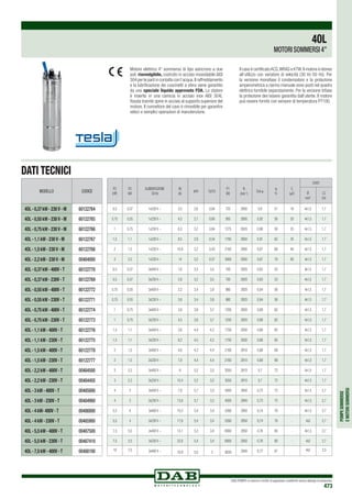 POMPESOMMERSE
EMOTORISOMMERSI
DAB PUMPS si riserva il diritto di apportare modifiche senza obbligo di preavviso
473
P2
(HP)
P2
kW
ALIMENTAZIONE
50 Hz
IN
(A)
Is/In Cs/Cn
P1
(W)
N
(min-1
)
Cos j
h
%
C
(μF)
CAVO
Ø
mm2
LC
(m)
0,5 0,37 1x230 V ~ 3,5 2,6 0,64 725 2800 0,9 51 16 4x1,5 1,7
0,75 0,55 1x230 V ~ 4,5 2,7 0,60 950 2800 0,92 58 20 4x1,5 1,7
1 0,75 1x230 V ~ 6,3 3,2 0,64 1275 2820 0,88 59 25 4x1,5 1,7
1,5 1,1 1x230 V ~ 8,5 2,9 0,54 1780 2800 0,91 62 35 4x1,5 1,7
2 1,5 1x230 V ~ 10,8 3,2 0,43 2160 2800 0,87 69 40 4x1,5 1,7
3 2,2 1x230 V ~ 14 3,2 0,57 3060 2800 0,87 78 60 4x1,5 1,7
0,5 0,37 3x400 V ~ 1,6 3,3 3,5 700 2820 0,63 53 - 4x1,5 1,7
0,5 0,37 3x230 V ~ 2,8 3,2 3,5 700 2820 0,63 53 - 4x1,5 1,7
0,75 0,55 3x400 V ~ 2,2 3,4 3,9 980 2820 0,64 56 - 4x1,5 1,7
0,75 0,55 3x230 V ~ 3,8 3,4 3,9 980 2820 0,64 56 - 4x1,5 1,7
1 0,75 3x400 V ~ 2,6 3,8 3,7 1200 2820 0,68 62 - 4x1,5 1,7
1 0,75 3x230 V ~ 4,5 3,8 3,7 1200 2820 0,68 62 - 4x1,5 1,7
1,5 1,1 3x400 V ~ 3,6 4,4 4,3 1700 2830 0,68 65 - 4x1,5 1,7
1,5 1,1 3x230 V ~ 6,2 4,5 4,3 1700 2830 0,68 65 - 4x1,5 1,7
2 1,5 3x400 V ~ 4,6 4,3 4,4 2160 2810 0,68 69 - 4x1,5 1,7
2 1,5 3x230 V ~ 7,9 4,4 4,4 2160 2810 0,68 69 - 4x1,5 1,7
3 2,2 3x400 V ~ 6 5,2 3,3 3050 2810 0,7 72 - 4x1,5 1,7
3 2,2 3x230 V ~ 10,4 5,2 3,3 3050 2810 0,7 72 - 4x1,5 1,7
4 3 3x400 V ~ 7,9 5,7 3,3 4000 2840 0,73 75 - 4x1,5 2,7
4 3 3x230 V ~ 13,6 5,7 3,3 4000 2840 0,73 75 - 4x1,5 2,7
5,5 4 3x400 V ~ 10,2 5,4 3,4 5260 2850 0,74 76 - 4x1,5 2,7
5,5 4 3x230 V ~ 17,6 5,4 3,4 5260 2850 0,74 76 - 4x2 2,7
7,5 5,5 3x400 V ~ 13,1 5,3 3,4 6900 2850 0,76 80 - 4x1,5 2,7
7,5 5,5 3x230 V ~ 22,6 5,4 3,4 6900 2850 0,76 80 - 4x2 2,7
10 7,5 3x400 V ~ 16,9 5,0 3 9030 2840 0,77 81 - 4x2 3,5
Motore elettrico 4” sommerso di tipo asincrono a due
poli, riavvolgibile, costruito in acciaio inossidabile AISI
304 per le parti in contatto con l‘acqua.Il raffreddamento
e la lubrificazione dei cuscinetti a sfera viene garantito
da uno speciale liquido approvato FDA. Lo statore
è inserito in una camicia in acciaio inox AISI 304L
fissata tramite spine in acciaio al supporto superiore del
motore. Il connettore del cavo è rimovibile per garantire
veloci e semplici operazioni di manutenzione.
Il cavo è certificatoACS,WRAS e KTW.Il motore è idoneo
all‘utilizzo con variatore di velocità (30 Hz-50 Hz). Per
la versione monofase il condensatore e la protezione
amperometrica a riarmo manuale sono posti nel quadro
elettrico fornibile separatamente. Per la versione trifase
la protezione dev’essere garantita dall’utente. Il motore
può essere fornito con sensore di temperatura PT100.
4OL
MOTORI SOMMERSI 4”
DATI TECNICI
MODELLO CODICE
4OL - 0,37 kW - 230 V - M 60122764
4OL - 0,55 kW - 230 V - M 60122765
4OL - 0,75 kW - 230 V - M 60122766
4OL - 1,1 kW - 230 V - M 60122767
4OL - 1,5 kW - 230 V - M 60122768
4OL - 2,2 kW - 230 V - M 00484000
4OL - 0,37 kW - 400V - T 60122770
4OL - 0,37 kW - 230V - T 60122769
4OL - 0,55 kW - 400V - T 60122772
4OL - 0,55 kW - 230V - T 60122771
4OL - 0,75 kW - 400V - T 60122774
4OL - 0,75 kW - 230V - T 60122773
4OL - 1,1 kW - 400V - T 60122776
4OL - 1,1 kW - 230V - T 60122775
4OL - 1,5 kW - 400V - T 60122778
4OL - 1,5 kW - 230V - T 60122777
4OL - 2,2 kW - 400V - T 00484500
4OL - 2,2 kW - 230V - T 00484450
4OL - 3 kW - 400V - T 00485000
4OL - 3 kW - 230V - T 00484900
4OL - 4 kW- 400V - T 00486000
4OL - 4 kW - 230V - T 00485900
4OL - 5,5 kW - 400V - T 00487500
4OL - 5,5 kW - 230V - T 00487410
4OL - 7,5 kW - 400V - T 00488100
 