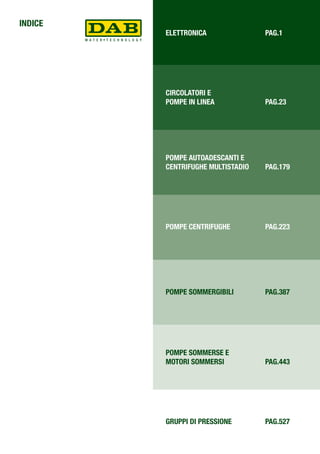 ELETTRONICA	PAG.1
INDICE
CIRCOLATORI E
POMPE IN LINEA	 PAG.23
POMPE AUTOADESCANTI E
CENTRIFUGHE MULTISTADIO	 PAG.179
POMPE CENTRIFUGHE	 PAG.223
POMPE SOMMERGIBILI	 PAG.387
POMPE SOMMERSE E
MOTORI SOMMERSI	 PAG.443
GRUPPI DI PRESSIONE	 PAG.527
 