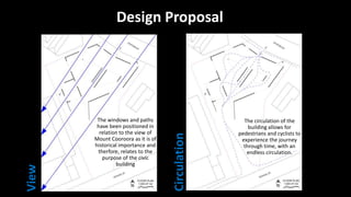 Design Proposal
The windows and paths
have been positioned in
relation to the view of
Mount Cooroora as it is of
historical importance and
therfore, relates to the
purpose of the civic
building
The circulation of the
building allows for
pedestrians and cyclists to
experience the journey
through time, with an
endless circulation.
Circulation
View
 