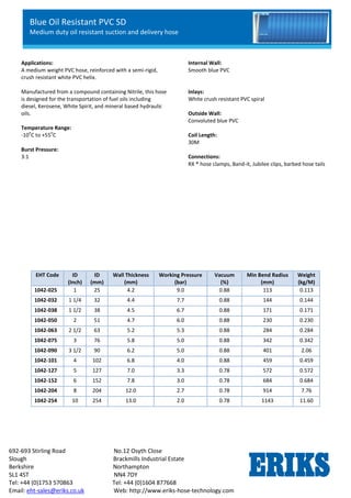 Blue Oil Resistant PVC SD
Medium duty oil resistant suction and delivery hose
692-693 Stirling Road No.12 Osyth Close
Slough Brackmills Industrial Estate
Berkshire Northampton
SL1 4ST NN4 7DY
Tel: +44 (0)1753 570863 Tel: +44 (0)1604 877668
Email: eht-sales@eriks.co.uk Web: http://www.eriks-hose-technology.com
Applications:
A medium weight PVC hose, reinforced with a semi-rigid,
crush resistant white PVC helix.
Manufactured from a compound containing Nitrile, this hose
is designed for the transportation of fuel oils including
diesel, Kerosene, White Spirit, and mineral based hydraulic
oils.
Temperature Range:
-10
o
C to +55
o
C
Burst Pressure:
3:1
Internal Wall:
Smooth blue PVC
Inlays:
White crush resistant PVC spiral
Outside Wall:
Convoluted blue PVC
Coil Length:
30M
Connections:
RX ® hose clamps, Band-it, Jubilee clips, barbed hose tails
EHT Code ID
(Inch)
ID
(mm)
Wall Thickness
(mm)
Working Pressure
(bar)
Vacuum
(%)
Min Bend Radius
(mm)
Weight
(kg/M)
1042-025 1 25 4.2 9.0 0.88 113 0.113
1042-032 1 1/4 32 4.4 7.7 0.88 144 0.144
1042-038 1 1/2 38 4.5 6.7 0.88 171 0.171
1042-050 2 51 4.7 6.0 0.88 230 0.230
1042-063 2 1/2 63 5.2 5.3 0.88 284 0.284
1042-075 3 76 5.8 5.0 0.88 342 0.342
1042-090 3 1/2 90 6.2 5.0 0.88 401 2.06
1042-101 4 102 6.8 4.0 0.88 459 0.459
1042-127 5 127 7.0 3.3 0.78 572 0.572
1042-152 6 152 7.8 3.0 0.78 684 0.684
1042-204 8 204 12.0 2.7 0.78 914 7.76
1042-254 10 254 13.0 2.0 0.78 1143 11.60
 