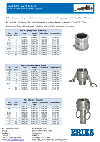 Kwik Kam Lever Couplers
Cam & Groove quick disconnect couplers
692-693 Stirling Road No.12 Osyth Close
Slough Brackmills Industrial Estate
Berkshire Northampton
SL1 4ST NN4 7DY
Tel: +44 (0)1753 570863 Tel: +44 (0)1604 877668
Email: eht-sales@eriks.co.uk Web: http://www.eriks-hose-technology.com
EHT cam & groove couplers are available in aluminium, brass, stainless steel or polypropylene with either BSP or NPT threads.
The couplers are fitted with standard nitrile rubber gaskets; nonstandard gaskets are available in: Viton, EPR, PTFE etc.
Other versions of cam and groove couplers include the “auto-Lock” with arms that lock into position.
Part A Adptor (Female BSP thread)
Size
(Inches)
Size
(mm)
Brass Stainless
Steel
Aluminium Polypropylene
1/2” 12 1078QA-012 1078SA-012 1078A-012 1079A-012
3/4” 19 1078QA-019 1078SA-019 1078A-019 1079A-019
1” 25 1078QA-025 1078SA-025 1078A-025 1079A-025
1 1/4” 32 1078QA-032 1078SA-032 1078A-032 1079A-032
1 1/2” 38 1078QA-038 1078SA-038 1078A-038 1079A-038
2” 50 1078QA-050 1078SA-050 1078A-050 1079A-050
2 1/2” 63 1078QA-063 1078SA-063 1078A-063 1079A-063
3” 75 1078QA-075 1078SA-075 1078A-075 1079A-075
4” 101 1078QA-101 1078SA-101 1078A-101 1079A-101
6” 152 1078QA-152 1078SA-152 1078A-152 1079A-152
Part B Coupler (Male BSP thread)
Size
(Inches)
Size
(mm)
Brass Stainless
Steel
Aluminium Polypropylene
1/2” 12 1078QB-012 1078SB-012 1078B-012 1079B-012
3/4” 19 1078QB-019 1078SB-019 1078B-019 1079B-019
1” 25 1078QB-025 1078SB-025 1078B-025 1079B-025
1 1/4” 32 1078QB-032 1078SB-032 1078B-032 1079B-032
1 1/2” 38 1078QB-038 1078SB-038 1078B-038 1079B-038
2” 50 1078QB-050 1078SB-050 1078B-050 1079B-050
2 1/2” 63 1078QB-063 1078SB-063 1078B-063 1079B-063
3” 75 1078QB-075 1078SB-075 1078B-075 1079B-075
4” 101 1078QB-101 1078SB-101 1078B-101 1079B-101
6” 152 1078QB-152 1078SB-152 1078B-152 1079B-152
Part C Coupler (Hosetail)
Size
(Inches)
Size
(mm)
Brass Stainless
Steel
Aluminium Polypropylene
1/2” 12 1078QC-012 1078SC-012 1078C-012 1079C-012
3/4” 19 1078QC-019 1078SC-019 1078C-019 1079C-019
1” 25 1078QC-025 1078SC-025 1078C-025 1079C-025
1 1/4” 32 1078QC-032 1078SC-032 1078C-032 1079C-032
1 1/2” 38 1078QC-038 1078SC-038 1078C-038 1079C-038
2” 50 1078QC-050 1078SC-050 1078C-050 1079C-050
2 1/2” 63 1078QC-063 1078SC-063 1078C-063 1079C-063
3” 75 1078QC-075 1078SC-075 1078C-075 1079C-075
4” 101 1078QC-101 1078SC-101 1078C-101 1079C-101
6” 152 1078QC-152 1078SC-152 1078C-152 1079C-152
 