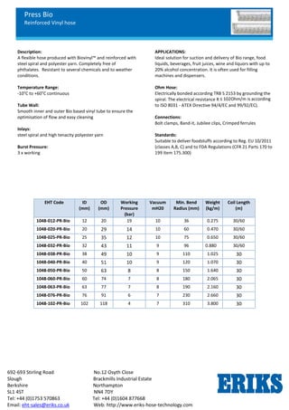 Press Bio
Reinforced Vinyl hose
692-693 Stirling Road No.12 Osyth Close
Slough Brackmills Industrial Estate
Berkshire Northampton
SL1 4ST NN4 7DY
Tel: +44 (0)1753 570863 Tel: +44 (0)1604 877668
Email: eht-sales@eriks.co.uk Web: http://www.eriks-hose-technology.com
Description:
A flexible hose produced with Biovinyl™ and reinforced with
steel spiral and polyester yarn. Completely free of
phthalates. Resistant to several chemicals and to weather
conditions.
Temperature Range:
-10°C to +60°C continuous
Tube Wall:
Smooth inner and outer Bio based vinyl tube to ensure the
optimisation of flow and easy cleaning
Inlays:
steel spiral and high tenacity polyester yarn
Burst Pressure:
3 x working
APPLICATIONS:
Ideal solution for suction and delivery of Bio range, food
liquids, beverages, fruit juices, wine and liquors with up to
20% alcohol concentration. It is often used for filling
machines and dispensers.
Ohm Hose:
Electrically bonded according TRB S 2153 by grounding the
spiral. The electrical resistance R ≤ 102Ohm/m is according
to ISO 8031 - ATEX Directive 94/4/EC and 99/92/EC).
Connections:
Bolt clamps, Band-it, Jubilee clips, Crimped ferrules
Standards:
Suitable to deliver foodstuffs according to Reg. EU 10/2011
(classes A,B, C) and to FDA Regulations (CFR 21 Parts 170 to
199 Item 175.300)
EHT Code ID
(mm)
OD
(mm)
Working
Pressure
(bar)
Vacuum
mH20
Min. Bend
Radius (mm)
Weight
(kg/m)
Coil Length
(m)
1048-012-PR-Bio 12 20 19 10 36 0.275 30/60
1048-020-PR-Bio 20 29 14 10 60 0.470 30/60
1048-025-PR-Bio 25 35 12 10 75 0.650 30/60
1048-032-PR-Bio 32 43 11 9 96 0.880 30/60
1048-038-PR-Bio 38 49 10 9 110 1.025 30
1048-040-PR-Bio 40 51 10 9 120 1.070 30
1048-050-PR-Bio 50 63 8 8 150 1.640 30
1048-060-PR-Bio 60 74 7 8 180 2.065 30
1048-063-PR-Bio 63 77 7 8 190 2.160 30
1048-076-PR-Bio 76 91 6 7 230 2.660 30
1048-102-PR-Bio 102 118 4 7 310 3.800 30
 