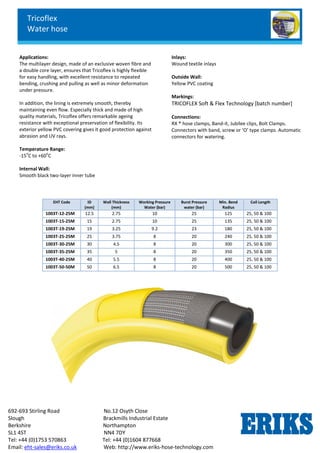 Tricoflex
Water hose
692-693 Stirling Road No.12 Osyth Close
Slough Brackmills Industrial Estate
Berkshire Northampton
SL1 4ST NN4 7DY
Tel: +44 (0)1753 570863 Tel: +44 (0)1604 877668
Email: eht-sales@eriks.co.uk Web: http://www.eriks-hose-technology.com
Applications:
The multilayer design, made of an exclusive woven fibre and
a double core layer, ensures that Tricoflex is highly flexible
for easy handling, with excellent resistance to repeated
bending, crushing and pulling as well as minor deformation
under pressure.
In addition, the lining is extremely smooth, thereby
maintaining even flow. Especially thick and made of high
quality materials, Tricoflex offers remarkable ageing
resistance with exceptional preservation of flexibility. Its
exterior yellow PVC covering gives it good protection against
abrasion and UV rays.
Temperature Range:
-15
o
C to +60
o
C
Internal Wall:
Smooth black two-layer inner tube
Inlays:
Wound textile inlays
Outside Wall:
Yellow PVC coating
Markings:
TRICOFLEX Soft & Flex Technology [batch number]
Connections:
RX ® hose clamps, Band-it, Jubilee clips, Bolt Clamps.
Connectors with band, screw or ‘O’ type clamps. Automatic
connectors for watering.
EHT Code ID
(mm)
Wall Thickness
(mm)
Working Pressure
Water (bar)
Burst Pressure
water (bar)
Min. Bend
Radius
Coil Length
1003T-12-25M 12.5 2.75 10 25 125 25, 50 & 100
1003T-15-25M 15 2.75 10 25 135 25, 50 & 100
1003T-19-25M 19 3.25 9.2 23 180 25, 50 & 100
1003T-25-25M 25 3.75 8 20 240 25, 50 & 100
1003T-30-25M 30 4.5 8 20 300 25, 50 & 100
1003T-35-25M 35 5 8 20 350 25, 50 & 100
1003T-40-25M 40 5.5 8 20 400 25, 50 & 100
1003T-50-50M 50 6.5 8 20 500 25, 50 & 100
 