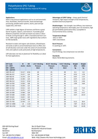 Polyethylene (PE) Tubing
Low, medium & high density Imperial PE tubing
692-693 Stirling Road No.12 Osyth Close
Slough Brackmills Industrial Estate
Berkshire Northampton
SL1 4ST NN4 7DY
Tel: +44 (0)1753 570863 Tel: +44 (0)1604 877668
Email: eht-sales@eriks.co.uk Web: http://www.eriks-hose-technology.com
Applications:
Ideal in low pressure applications such as air and pneumatic
lines, fluid feeds, chemical transfer, food and beverage
processing, potable water systems, drains, pool and spa
supply lines, and more.
LDPE exhibits a high degree of inertness and forms a good
barrier to gases, vapours, and moisture. It provides good
dielectric properties and will not impart any taste or odour
to fluids running through it. LDPE is manufactured from non-
toxic, 100% virgin grade resins with ingredients that conform
to FDA standards.
Resistant to water and organic salt solutions, diluted bases
and acids as well as concentrated bases have no effect, but
all will discolour and crack under the action of concentrated
nitric and sulphuric acids particularly at high temperatures.
LDP tube does not rely on plasticiser for flexibility so is ideal
for food applications.
Advantages of LDPE Tubing: - cheap, good chemical
resistance, high impact strength at low temperatures,
excellent electrical properties
Disadvantages: - low strength, low stiffness, low maximum
operating temperature, flammable, poor UV resistance, high
gas permeability (particularly CO2), susceptible to
environmental stress cracking
Temperature Range:
-20
o
C to +60
o
C
+60
o
C intermittent
Burst Pressure:
4 x working at +20
o
C
Connections:
Push fit fittings, low compression nut and olive
Standards:
Meets FDA & BGA requirements.
EHT Code
LD = 1007-
MD = 1007H-
HD = 1007HD-
ID
(Inch)
OD
(Inch)
L.D.P. Working
Pressure
(bar)
M.D.P. Working
Pressure
(bar)
H.D.P. Working
Pressure
(bar)
Weight
30m
kg
Weight
100m
kg
1007-05-117 0.117 3/16 20 25 48 0.3 1.0
1007-06-157 0.157 1/4 18 22 43 0.53 1.76
1007-06170 0.170 1/4 14 17 33 0.47 1.57
1007-06190 0.190 1/4 10 12 24 0.37 1.23
1007-08-212 0.212 5/16 15 19 36 0.74 2.46
1007-10-250 0.250 3/8 15 19 36 1.09 3.64
1007-12-250 0.250 1/2 30 38 73
1007-12-312 0.312 1/2 18 23 43 2.15 7.12
1007-12-375 0.375 1/2 10 12 24 1.53 5.1
1007-16-500 0.500 5/8 8 9 18 1.97 6.57
1007-19-500 0.500 3/4 15 19 36 4.37 14.57
1007-19-625 0.625 3/4 6 8 15
1007-22-750 0.750 7/8 5 6 29
1007-25-750 0.750 1.0 10 13 24 6.12 20.4
1007-32-1000 1.0 1 1/4 8 9 18 7.87 26.23
1007-38-1250 1.250 1 1/2 6 8 15 9.62 32.05
 