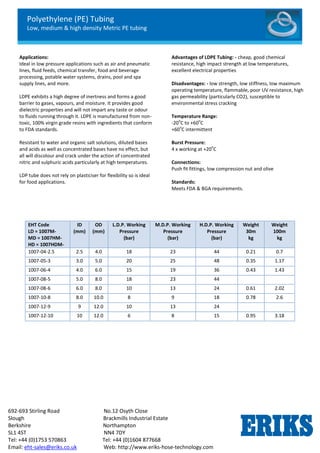 Polyethylene (PE) Tubing
Low, medium & high density Metric PE tubing
692-693 Stirling Road No.12 Osyth Close
Slough Brackmills Industrial Estate
Berkshire Northampton
SL1 4ST NN4 7DY
Tel: +44 (0)1753 570863 Tel: +44 (0)1604 877668
Email: eht-sales@eriks.co.uk Web: http://www.eriks-hose-technology.com
Applications:
Ideal in low pressure applications such as air and pneumatic
lines, fluid feeds, chemical transfer, food and beverage
processing, potable water systems, drains, pool and spa
supply lines, and more.
LDPE exhibits a high degree of inertness and forms a good
barrier to gases, vapours, and moisture. It provides good
dielectric properties and will not impart any taste or odour
to fluids running through it. LDPE is manufactured from non-
toxic, 100% virgin grade resins with ingredients that conform
to FDA standards.
Resistant to water and organic salt solutions, diluted bases
and acids as well as concentrated bases have no effect, but
all will discolour and crack under the action of concentrated
nitric and sulphuric acids particularly at high temperatures.
LDP tube does not rely on plasticiser for flexibility so is ideal
for food applications.
Advantages of LDPE Tubing: - cheap, good chemical
resistance, high impact strength at low temperatures,
excellent electrical properties
Disadvantages: - low strength, low stiffness, low maximum
operating temperature, flammable, poor UV resistance, high
gas permeability (particularly CO2), susceptible to
environmental stress cracking
Temperature Range:
-20
o
C to +60
o
C
+60
o
C intermittent
Burst Pressure:
4 x working at +20
o
C
Connections:
Push fit fittings, low compression nut and olive
Standards:
Meets FDA & BGA requirements.
EHT Code
LD = 1007M-
MD = 1007HM-
HD = 1007HDM-
ID
(mm)
OD
(mm)
L.D.P. Working
Pressure
(bar)
M.D.P. Working
Pressure
(bar)
H.D.P. Working
Pressure
(bar)
Weight
30m
kg
Weight
100m
kg
1007-04-2.5 2.5 4.0 18 23 44 0.21 0.7
1007-05-3 3.0 5.0 20 25 48 0.35 1.17
1007-06-4 4.0 6.0 15 19 36 0.43 1.43
1007-08-5 5.0 8.0 18 23 44
1007-08-6 6.0 8.0 10 13 24 0.61 2.02
1007-10-8 8.0 10.0 8 9 18 0.78 2.6
1007-12-9 9 12.0 10 13 24
1007-12-10 10 12.0 6 8 15 0.95 3.18
 
