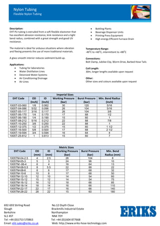 Nylon Tubing
Flexible Nylon Tubing
692-693 Stirling Road No.12 Osyth Close
Slough Brackmills Industrial Estate
Berkshire Northampton
SL1 4ST NN4 7DY
Tel: +44 (0)1753 570863 Tel: +44 (0)1604 877668
Email: eht-sales@eriks.co.uk Web: http://www.eriks-hose-technology.com
Description:
EHT PU tubing is extruded from a soft flexible elastomer that
has excellent abrasion resistance, kink resistance and a tight
bend radius, combined with a great strength and good UV
resistance.
The material is ideal for arduous situations where vibration
and flexing prevents the use of more traditional materials.
A glass smooth interior reduces sediment build-up.
Applications:
 Tubing for laboratories
 Water Distillation Lines
 Deionized Water Systems
 Air Conditioning Drainage
 Air Lines
 Bottling Plants
 Beverage Dispenser Units
 Printing Press Equipment
 High energy Efficient Furnace Drain
Temperature Range:
-40
o
C to +60
o
C, intermittent to +80
o
C
Connections:
Bolt Clamp, Jubilee Clip, Worm Drive, Barbed Hose Tails
Coil Length:
30m, longer lengths available upon request
Other:
Other sizes and colours available upon request
Imperial Sizes
EHT Code OD
(Inch)
ID
(Inch)
Working Pressure
(bar)
Burst Pressure
(bar)
Min. Bend Radius
(Inch)
1005T-03-060 1/8 0.062 30 120 5/16
1005T-04-086 5/32 0.096 26 104 5/16
1005T-05-117 3/16 0.117 26 104 3/8
1005T-06-170 1/4 0.170
..
17 68 1/2
1005T-06-190 1/4 0.190 15 60 1
1005T-08-212 5/16 0.212 22 88 7/8
1005T-10-250 3/8 0.250 22 88 1
1005T-12-375 1/2 0.375 15 60 1 1/2
1005T-16-500 5/8 0.500 17 68 2 1/2
1005T-19-594 3/4 0.594 16 64 4
1005T-25-812 1 0.813 15 60 7
Metric Sizes
EHT Code OD
(mm)
ID
(mm)
Working Pressure
(bar)
Burst Pressure
(bar)
Min. Bend
Radius (mm)
1005TM-04-2.5 4 2.5 26 104 8
1005TM-05-3 5 3 24 96 10
1005TM -06-4 6 4 16 64 13
1005TM-08-5.5 8 5.5 22 88 22
1005TM-08-6 8 6 17 68 32
1005TM-10-8 10 8 17 68 50
1005TM-12-10 12 10 14 54 60
1005TM-15-12 15 12 14 54 75
1005TM-16-12 16 12 18 66 85
1005TM-18-14 18 14 16 66 110
1005TM-22-17 22 17 16 66 140
1005TM-28-22 28 22 15 60 180
 