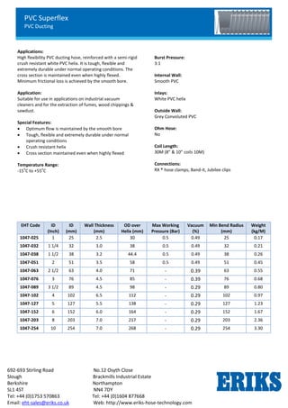 PVC Superflex
PVC Ducting
692-693 Stirling Road No.12 Osyth Close
Slough Brackmills Industrial Estate
Berkshire Northampton
SL1 4ST NN4 7DY
Tel: +44 (0)1753 570863 Tel: +44 (0)1604 877668
Email: eht-sales@eriks.co.uk Web: http://www.eriks-hose-technology.com
Applications:
High flexibility PVC ducting hose, reinforced with a semi-rigid
crush resistant white PVC helix. It is tough, flexible and
extremely durable under normal operating conditions. The
cross section is maintained even when highly flexed.
Minimum frictional loss is achieved by the smooth bore.
Application:
Suitable for use in applications on industrial vacuum
cleaners and for the extraction of fumes, wood chippings &
sawdust.
Special Features:
 Optimum flow is maintained by the smooth bore
 Tough, flexible and extremely durable under normal
operating conditions
 Crush resistant helix
 Cross section maintained even when highly flexed
Temperature Range:
-15
o
C to +55
o
C
Burst Pressure:
3:1
Internal Wall:
Smooth PVC
Inlays:
White PVC helix
Outside Wall:
Grey Convoluted PVC
Ohm Hose:
No
Coil Length:
30M (8” & 10” coils 10M)
Connections:
RX ® hose clamps, Band-it, Jubilee clips
EHT Code ID
(Inch)
ID
(mm)
Wall Thickness
(mm)
OD over
Helix (mm)
Max Working
Pressure (Bar)
Vacuum
(%)
Min Bend Radius
(mm)
Weight
(kg/M)
1047-025 1 25 2.5 30 0.5 0.49 25 0.17
1047-032 1 1/4 32 3.0 38 0.5 0.49 32 0.21
1047-038 1 1/2 38 3.2 44.4 0.5 0.49 38 0.26
1047-051 2 51 3.5 58 0.5 0.49 51 0.45
1047-063 2 1/2 63 4.0 71 - 0.39 63 0.55
1047-076 3 76 4.5 85 - 0.39 76 0.68
1047-089 3 1/2 89 4.5 98 - 0.29 89 0.80
1047-102 4 102 6.5 112 - 0.29 102 0.97
1047-127 5 127 5.5 138 - 0.29 127 1.23
1047-152 6 152 6.0 164 - 0.29 152 1.67
1047-203 8 203 7.0 217 - 0.29 203 2.36
1047-254 10 254 7.0 268 - 0.29 254 3.30
 