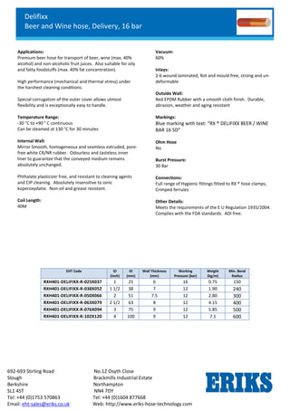 Delifixx
Beer and Wine hose, Delivery, 16 bar
692-693 Stirling Road No.12 Osyth Close
Slough Brackmills Industrial Estate
Berkshire Northampton
SL1 4ST NN4 7DY
Tel: +44 (0)1753 570863 Tel: +44 (0)1604 877668
Email: eht-sales@eriks.co.uk Web: http://www.eriks-hose-technology.com
Applications:
Premium beer hose for transport of beer, wine (max. 40%
alcohol) and non-alcoholic fruit juices. Also suitable for oily
and fatty foodstuffs (max. 40% fat concentration).
High performance (mechanical and thermal stress) under
the harshest cleaning conditions.
Special corrugation of the outer cover allows utmost
flexibility and is exceptionally easy to handle.
Temperature Range:
-30 °C to +90 ° C continuous
Can be steamed at 130 °C for 30 minutes
Internal Wall:
Mirror Smooth, homogeneous and seamless extruded, pore-
free white CR/NR rubber. Odourless and tasteless inner
liner to guarantee that the conveyed medium remains
absolutely unchanged.
Phthalate plasticizer free, and resistant to cleaning agents
and CIP cleaning. Absolutely insensitive to ionic
koperoxydatie. Non-oil and grease resistant.
Coil Length:
40M
Vacuum:
60%
Inlays:
2-6 wound laminated, Rot and mould free, strong and un-
deformable
Outside Wall:
Red EPDM Rubber with a smooth cloth finish. Durable,
abrasion, weather and aging resistant
Markings:
Blue marking with text: “RX ® DELIFIXX BEER / WINE
BAR 16 SD”
Ohm Hose
No
Burst Pressure:
30 Bar
Connections:
Full range of Hygienic fittings fitted to RX ® hose clamps,
Crimped ferrules
Other Details:
Meets the requirements of the E U Regulation 1935/2004.
Complies with the FDA standards. ADI free.
EHT Code ID
(Inch)
ID
(mm)
Wall Thickness
(mm)
Working
Pressure (bar)
Weight
(kg/m)
Min. Bend
Radius
RXH401-DELIFIXX-R-025X037 1 25 6 16 0.75 150
RXH401-DELIFIXX-R-038X052 1 1/2 38 7 12 1.90 240
RXH401-DELIFIXX-R-050X066 2 51 7.5 12 2.80 300
RXH401-DELIFIXX-R-063X079 2 1/2 63 8 12 4.15 400
RXH401-DELIFIXX-R-076X094 3 75 9 12 5.85 500
RXH401-DELIFIXX-R-102X120 4 100 9 12 7.1 600
 
