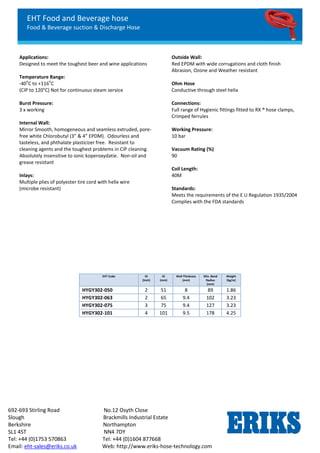 EHT Food and Beverage hose
Food & Beverage suction & Discharge Hose
692-693 Stirling Road No.12 Osyth Close
Slough Brackmills Industrial Estate
Berkshire Northampton
SL1 4ST NN4 7DY
Tel: +44 (0)1753 570863 Tel: +44 (0)1604 877668
Email: eht-sales@eriks.co.uk Web: http://www.eriks-hose-technology.com
Applications:
Designed to meet the toughest beer and wine applications
Temperature Range:
-40
o
C to +116
o
C
(CIP to 120°C) Not for continuous steam service
Burst Pressure:
3 x working
Internal Wall:
Mirror Smooth, homogeneous and seamless extruded, pore-
free white Chlorobutyl (3” & 4” EPDM). Odourless and
tasteless, and phthalate plasticizer free. Resistant to
cleaning agents and the toughest problems in CIP cleaning.
Absolutely insensitive to ionic koperoxydatie. Non-oil and
grease resistant
Inlays:
Multiple plies of polyester tire cord with helix wire
(microbe resistant)
Outside Wall:
Red EPDM with wide corrugations and cloth finish
Abrasion, Ozone and Weather resistant
Ohm Hose
Conductive through steel helix
Connections:
Full range of Hygienic fittings fitted to RX ® hose clamps,
Crimped ferrules
Working Pressure:
10 bar
Vacuum Rating (%)
90
Coil Length:
40M
Standards:
Meets the requirements of the E U Regulation 1935/2004
Complies with the FDA standards
EHT Code ID
(Inch)
ID
(mm)
Wall Thickness
(mm)
Min. Bend
Radius
(mm)
Weight
(kg/m)
HYGY302-050 2 51 8 89 1.86
HYGY302-063 2
1/2
65 9.4 102 3.23
HYGY302-075 3 75 9.4 127 3.23
HYGY302-101 4 101 9.5 178 4.25
EHT Food and Beverage hose
Food & Beverage suction & Discharge Hose
692-693 Stirling Road No.12 Osyth Close
Slough Brackmills Industrial Estate
Berkshire Northampton
SL1 4ST NN4 7DY
Tel: +44 (0)1753 570863 Tel: +44 (0)1604 877668
Email: eht-sales@eriks.co.uk Web: http://www.eriks-hose-technology.com
Applications:
Designed to meet the toughest beer and wine applications
Temperature Range:
-40
o
C to +116
o
C
(CIP to 120°C) Not for continuous steam service
Burst Pressure:
3 x working
Internal Wall:
Mirror Smooth, homogeneous and seamless extruded, pore-
free white Chlorobutyl (3” & 4” EPDM). Odourless and
tasteless, and phthalate plasticizer free. Resistant to
cleaning agents and the toughest problems in CIP cleaning.
Absolutely insensitive to ionic koperoxydatie. Non-oil and
grease resistant
Inlays:
Multiple plies of polyester tire cord with helix wire
(microbe resistant)
Outside Wall:
Red EPDM with wide corrugations and cloth finish
Abrasion, Ozone and Weather resistant
Ohm Hose
Conductive through steel helix
Connections:
Full range of Hygienic fittings fitted to RX ® hose clamps,
Crimped ferrules
Working Pressure:
10 bar
Vacuum Rating (%)
90
Coil Length:
40M
Standards:
Meets the requirements of the E U Regulation 1935/2004
Complies with the FDA standards
EHT Code ID
(Inch)
ID
(mm)
Wall Thickness
(mm)
Min. Bend
Radius
(mm)
Weight
(kg/m)
HYGY302-050 2 51 8 89 1.86
HYGY302-063 2
1/2
65 9.4 102 3.23
HYGY302-075 3 75 9.4 127 3.23
HYGY302-101 4 101 9.5 178 4.25
EHT Food and Beverage hose
Food & Beverage suction & Discharge Hose
692-693 Stirling Road No.12 Osyth Close
Slough Brackmills Industrial Estate
Berkshire Northampton
SL1 4ST NN4 7DY
Tel: +44 (0)1753 570863 Tel: +44 (0)1604 877668
Email: eht-sales@eriks.co.uk Web: http://www.eriks-hose-technology.com
Applications:
Designed to meet the toughest beer and wine applications
Temperature Range:
-40
o
C to +116
o
C
(CIP to 120°C) Not for continuous steam service
Burst Pressure:
3 x working
Internal Wall:
Mirror Smooth, homogeneous and seamless extruded, pore-
free white Chlorobutyl (3” & 4” EPDM). Odourless and
tasteless, and phthalate plasticizer free. Resistant to
cleaning agents and the toughest problems in CIP cleaning.
Absolutely insensitive to ionic koperoxydatie. Non-oil and
grease resistant
Inlays:
Multiple plies of polyester tire cord with helix wire
(microbe resistant)
Outside Wall:
Red EPDM with wide corrugations and cloth finish
Abrasion, Ozone and Weather resistant
Ohm Hose
Conductive through steel helix
Connections:
Full range of Hygienic fittings fitted to RX ® hose clamps,
Crimped ferrules
Working Pressure:
10 bar
Vacuum Rating (%)
90
Coil Length:
40M
Standards:
Meets the requirements of the E U Regulation 1935/2004
Complies with the FDA standards
EHT Code ID
(Inch)
ID
(mm)
Wall Thickness
(mm)
Min. Bend
Radius
(mm)
Weight
(kg/m)
HYGY302-050 2 51 8 89 1.86
HYGY302-063 2
1/2
65 9.4 102 3.23
HYGY302-075 3 75 9.4 127 3.23
HYGY302-101 4 101 9.5 178 4.25
 