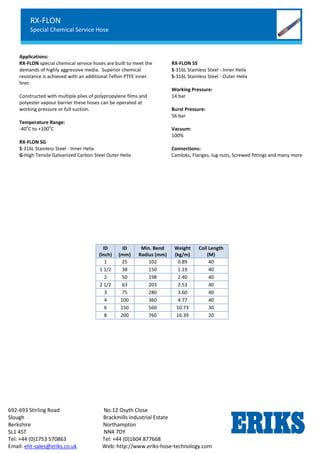 RX-OIL GGL
Lightweight Petroleum Service Hose
Standard Chemical Service
692-693 Stirling Road No.12 Osyth Close
Slough Brackmills Industrial Estate
Berkshire Northampton
SL1 4ST NN4 7DY
Tel: +44 (0)1753 570863 Tel: +44 (0)1604 877668
Email: eht-sales@eriks.co.uk Web: http://www.eriks-hose-technology.com
Applications:
RX-FLON special chemical service hoses are built to meet the
demands of highly aggressive media. Superior chemical
resistance is achieved with an additional Teflon PTFE inner
liner.
Constructed with multiple plies of polypropylene films and
polyester vapour barrier these hoses can be operated at
working pressure or full suction.
Temperature Range:
-40
o
C to +100
o
C
RX-FLON SG
S-316L Stainless Steel - Inner Helix
G-High Tensile Galvanized Carbon Steel Outer Helix
RX-FLON SS
S-316L Stainless Steel - Inner Helix
S-316L Stainless Steel - Outer Helix
Working Pressure:
14 bar
Burst Pressure:
56 bar
Vacuum:
100%
Connections:
Camloks, Flanges, lug-nuts, Screwed fittings and many more
ID
(Inch)
ID
(mm)
Min. Bend
Radius (mm)
Weight
(kg/m)
Coil Length
(M)
1 25 102 0.89 40
1 1/2 38 150 1.19 40
2 50 198 2.40 40
2 1/2 63 203 2.53 40
3 75 280 3.60 40
4 100 360 4.77 40
6 150 560 10.73 30
8 200 760 16.39 20
RX-FLON
Special Chemical Service Hose
Standard Chemical Service
 