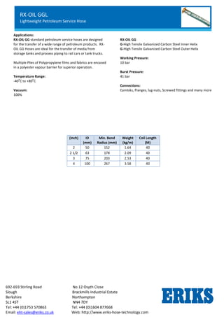 RX-OIL GGL
Lightweight Petroleum Service Hose
Standard Chemical Service
692-693 Stirling Road No.12 Osyth Close
Slough Brackmills Industrial Estate
Berkshire Northampton
SL1 4ST NN4 7DY
Tel: +44 (0)1753 570863 Tel: +44 (0)1604 877668
Email: eht-sales@eriks.co.uk Web: http://www.eriks-hose-technology.com
Applications:
RX-OIL GG standard petroleum service hoses are designed
for the transfer of a wide range of petroleum products. RX-
OIL GG Hoses are ideal for the transfer of media from
storage tanks and process piping to rail cars or tank trucks.
Multiple Plies of Polypropylene films and fabrics are encased
in a polyester vapour barrier for superior operation.
Temperature Range:
-40
o
C to +80
o
C
Vacuum:
100%
RX-OIL GG
G-High Tensile Galvanized Carbon Steel Inner Helix
G-High Tensile Galvanized Carbon Steel Outer Helix
Working Pressure:
10 bar
Burst Pressure:
41 bar
Connections:
Camloks, Flanges, lug-nuts, Screwed fittings and many more
(Inch) ID
(mm)
Min. Bend
Radius (mm)
Weight
(kg/m)
Coil Length
(M)
2 50 152 1.64 40
2 1/2 63 178 2.09 40
3 75 203 2.53 40
4 100 267 3.58 40
RX-OIL GGL
Lightweight Petroleum Service Hose
 