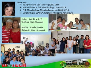  BS Agriculture, Soil Science (1985) UPLB
 MS Soil Science, Soil Microbiology (1991) UPLB
 PhD Microbiology, Microbial genetics (2006) UPLB
 Scholarships: SEARCA, Fulbright Philippine Agriculture
About me:
Father: Col. Ricardo T.
Tambalo (Lipit, Manaoag)
Mother: Josefa Valerio
Dalmacio (Linoc, Binmaley)
2012
2014
2018
 