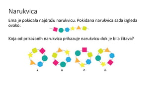 Narukvica
Ema je pokidala najdražu narukvicu. Pokidana narukvica sada izgleda
ovako:
Koja od prikazanih narukvica prikazuje narukvicu dok je bila čitava?
 
