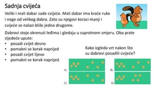 Sadnja cvijeća
Veliki i mali dabar sade cvijeće. Mali dabar ima kraće ruke
i noge od velikog dabra. Zato su njegovi koraci manji i
cvijeće se nalazi bliže jedno drugome.
Dabrovi stoje okrenuti leđima i gledaju u suprotnom smjeru. Oba prate
sljedeće upute:
• posadi cvijet desno
• pomakni se korak naprijed
• posadi cvijet lijevo
• pomakni se korak naprijed.
Kako izgleda vrt nakon što
su dabrovi posadili cvijeće?
 