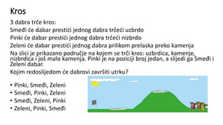 Kros
3 dabra trče kros:
Smeđi će dabar prestići jednog dabra trčeći uzbrdo
Pinki će dabar prestići jednog dabra trčeći nizbrdo
Zeleni će dabar prestići jednog dabra prilikom prelaska preko kamenja
Na slici je prikazano područje na kojem se trči kros: uzbrdica, kamenje,
nizbrdica i još malo kamenja. Pinki je na poziciji broj jedan, a slijedi ga Smeđi i
Zeleni dabar.
Kojim redoslijedom će dabrovi završiti utrku?
• Pinki, Smeđi, Zeleni
• Smeđi, Pinki, Zeleni
• Smeđi, Zeleni, Pinki
• Zeleni, Pinki, Smeđi
 