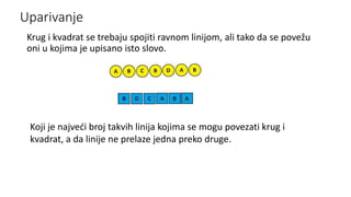 Uparivanje
Krug i kvadrat se trebaju spojiti ravnom linijom, ali tako da se povežu
oni u kojima je upisano isto slovo.
Koji je najveći broj takvih linija kojima se mogu povezati krug i
kvadrat, a da linije ne prelaze jedna preko druge.
 
