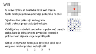 Wifi
U Beavergradu se postavlja nova Wifi mreža.
Svaki odašiljač pokriva područje prikazano na slici:
Sljedeća slika prikazuje kartu grada.
Svaki trokutić predstavlja jednu kuću.
Odašiljač ne smije biti postavljen u polju, već između
polja, kako je prikazano na prvoj slici. Područje
pokrivenosti signala smije se preklapati.
Koliko je najmanje odašiljača potrebno kako bi se
osigurao mrežni pristup svakoj kući?
1 2 3 4
 