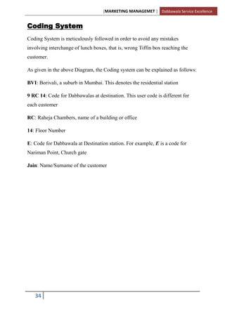 [MARKETING MANAGEMET ] Dabbawala Service Excellence


Coding System
Coding System is meticulously followed in order to avoid any mistakes
involving interchange of lunch boxes, that is, wrong Tiffin box reaching the
customer.

As given in the above Diagram, the Coding system can be explained as follows:

BVI: Borivali, a suburb in Mumbai. This denotes the residential station

9 RC 14: Code for Dabbawalas at destination. This user code is different for
each customer

RC: Raheja Chambers, name of a building or office

14: Floor Number

E: Code for Dabbawala at Destination station. For example, E is a code for
Nariman Point, Church gate

Jain: Name/Surname of the customer




   34
 