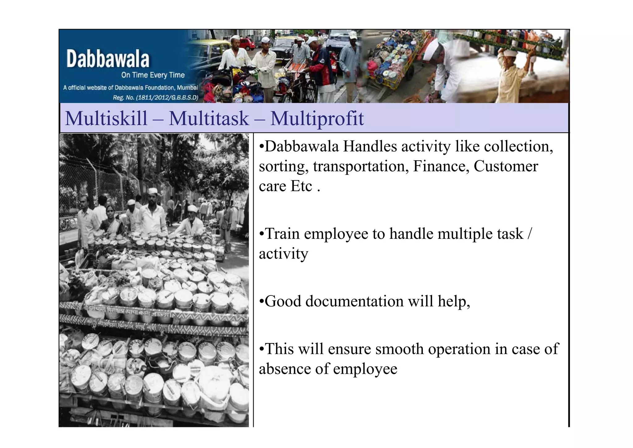 Multiskill – Multitask – MultiprofitMultiskill Multitask Multiprofit
•Dabbawala Handles activity like collection,
sorting, transportation, Finance, Customerg, p , ,
care Etc .
•Train employee to handle multiple task /
activity
•Good documentation will help,
•This will ensure smooth operation in case of
absence of employeep y
 
