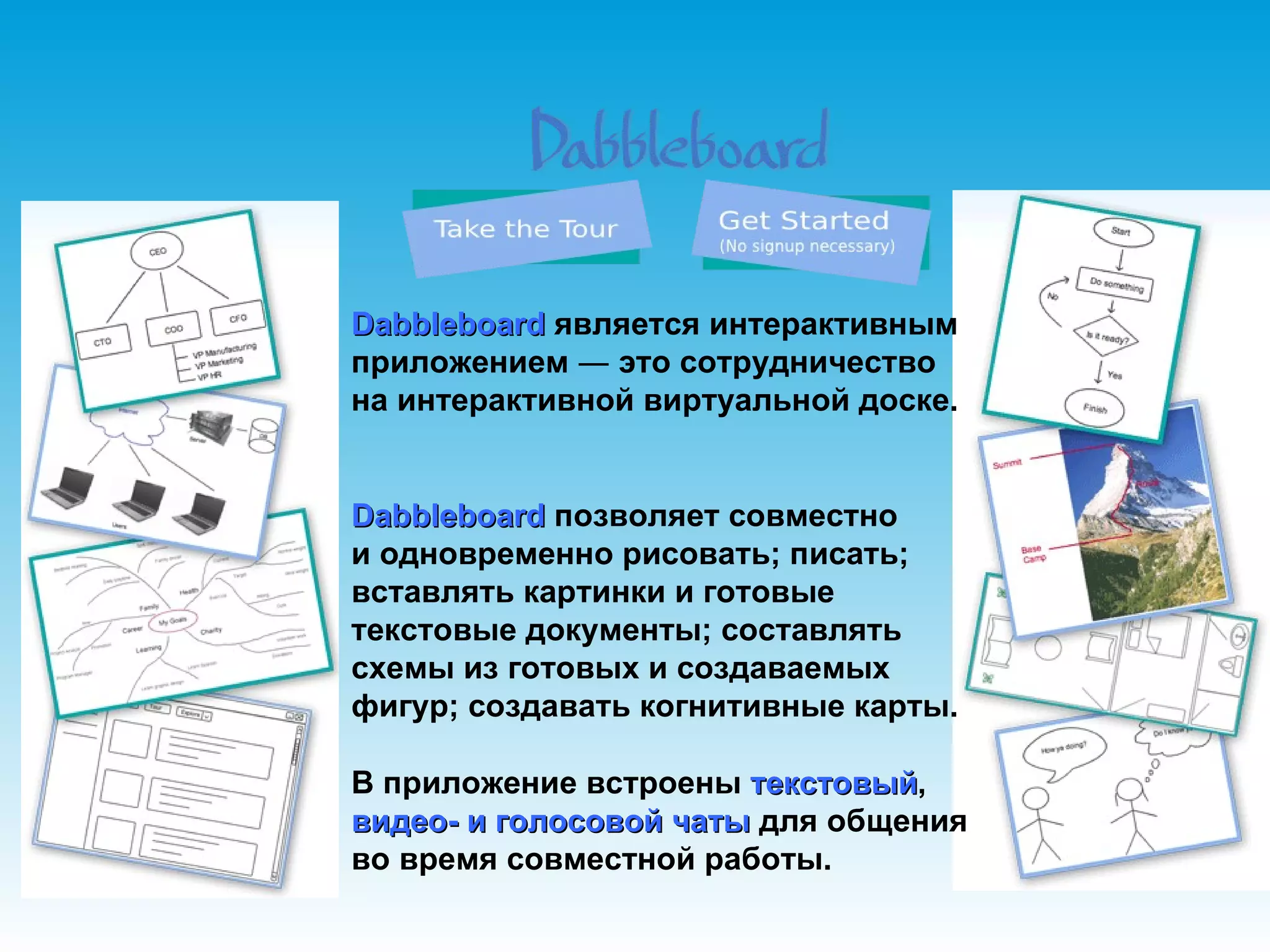 Dabbleboard  является интерактивным приложением  ―  это сотрудничество на интерактивной виртуальной доске.  Dabbleboard  позволяет совместно и одновременно рисовать; писать; вставлять картинки и готовые текстовые документы; составлять схемы из готовых и создаваемых фигур; создавать когнитивные карты.  В приложение встроены  текстовый ,  видео- и голосовой чаты  для общения во время совместной работы. 