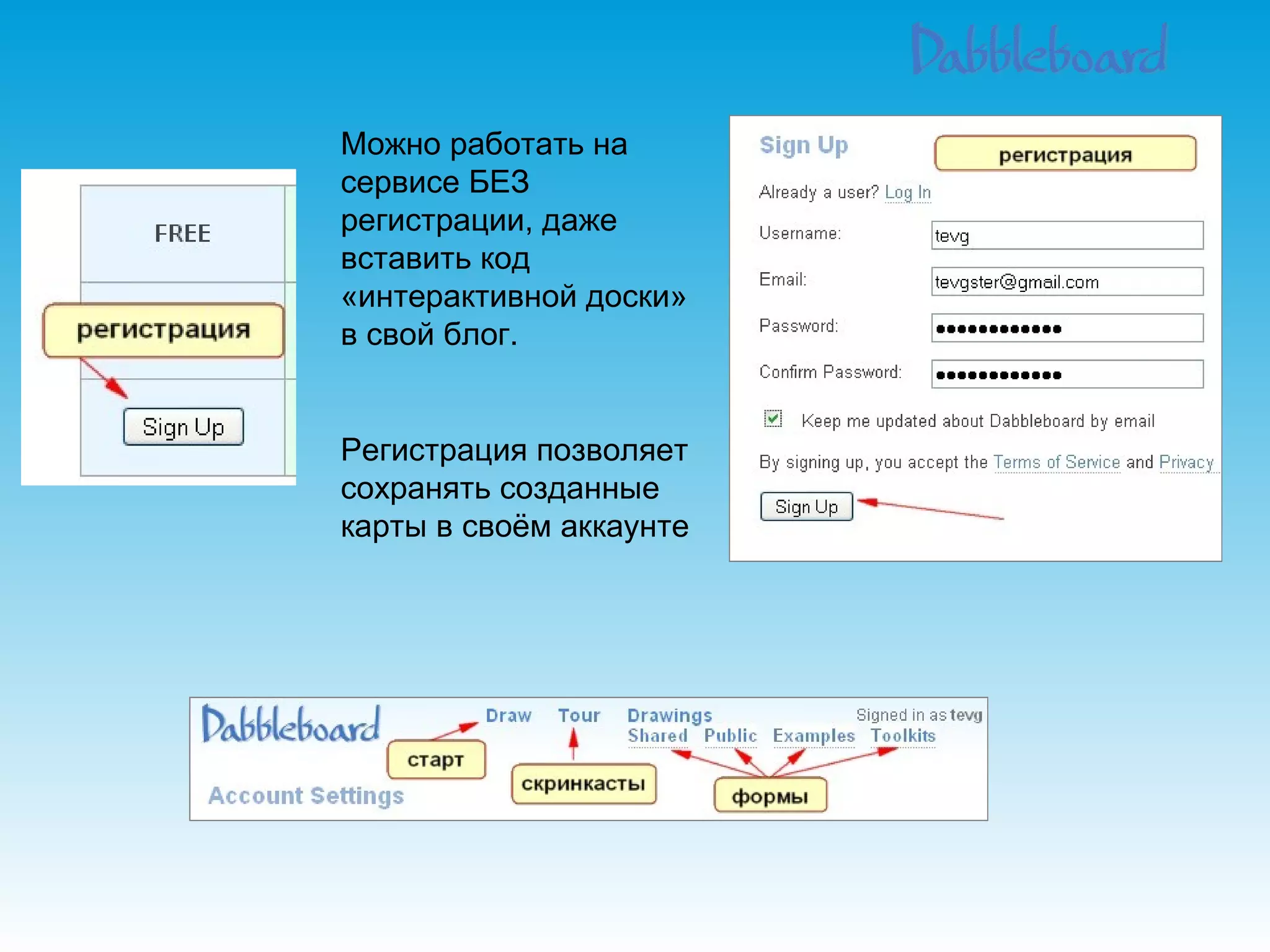 Можно работать на сервисе БЕЗ регистрации, даже вставить код «интерактивной доски» в свой блог. Регистрация позволяет сохранять созданные карты в своём аккаунте 