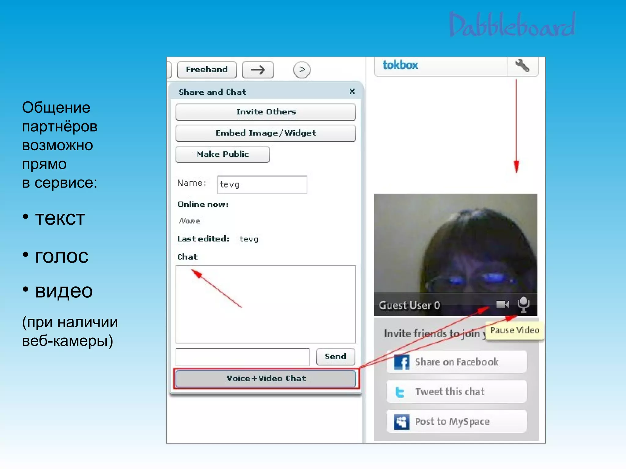 Общение партнёров возможно прямо в сервисе: текст голос видео   (при наличии веб-камеры) 