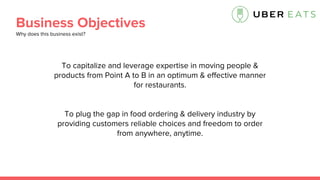 Business Objectives
Why does this business exist?
To capitalize and leverage expertise in moving people &
products from Point A to B in an optimum & effective manner
for restaurants.
To plug the gap in food ordering & delivery industry by
providing customers reliable choices and freedom to order
from anywhere, anytime.
 