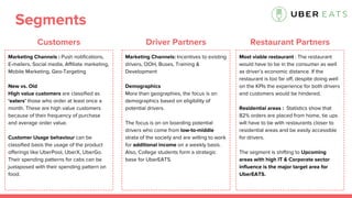 Segments
Marketing Channels : Push notifications,
E-mailers, Social media, Affiliate marketing,
Mobile Marketing, Geo-Targeting
New vs. Old
High value customers are classified as
‘eaters’ those who order at least once a
month. These are high value customers
because of their frequency of purchase
and average order value.
Customer Usage behaviour can be
classified basis the usage of the product
offerings like UberPool, UberX, UberGo.
Their spending patterns for cabs can be
juxtaposed with their spending pattern on
food.
Most viable restaurant : The restaurant
would have to be in the consumer as well
as driver’s economic distance. If the
restaurant is too far off, despite doing well
on the KPIs the experience for both drivers
and customers would be hindered.
Residential areas : Statistics show that
82% orders are placed from home, tie ups
will have to be with restaurants closer to
residential areas and be easily accessible
for drivers.
The segment is shifting to Upcoming
areas with high IT & Corporate sector
influence is the major target area for
UberEATS.
Marketing Channels: Incentives to existing
drivers, OOH, Buses, Training &
Development
Demographics
More than geographies, the focus is on
demographics based on eligibility of
potential drivers.
The focus is on on boarding potential
drivers who come from low-to-middle
strata of the society and are willing to work
for additional income on a weekly basis.
Also, College students form a strategic
base for UberEATS.
Customers Restaurant PartnersDriver Partners
 