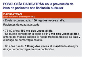 POSOLOGÍA DABIGATRÁN en la prevención de
ictus en pacientes con fibrilación auricular
DABIGATRÁN
(según ficha técnica aprobada por la EMA)

• Dosis recomendada: 150 mg dos veces al día.
Pacientes de edad avanzada

• 75‑80 años: 150 mg dos veces al día.
- Se puede considerar la dosis de 110 mg dos veces al día a
criterio del médico cuando el riesgo tromboembólico es bajo y
el riesgo de hemorragia es alto.

• 80 años o más: 110 mg dos veces al día (debido al mayor
riesgo de hemorragia en esta población).
 