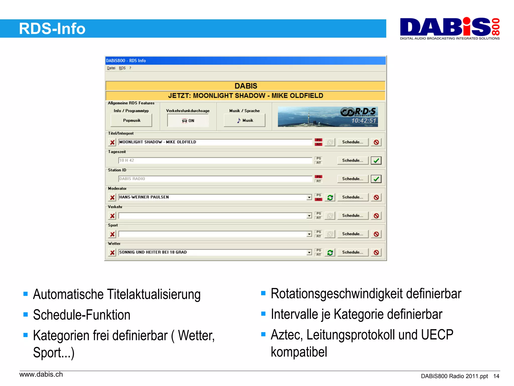 RDS-Info




 Automatische Titelaktualisierung         Rotationsgeschwindigkeit definierbar
 Schedule-Funktion                        Intervalle je Kategorie definierbar
 Kategorien frei definierbar ( Wetter,    Aztec, Leitungsprotokoll und UECP
  Sport...)                                 kompatibel
www.dabis.ch                                                            DABiS800 Radio 2011.ppt 14
 