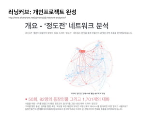 러닝커브: 개인프로젝트 완성
http://www.slideshare.net/jdjmania/jdj-network-analysisvf
 