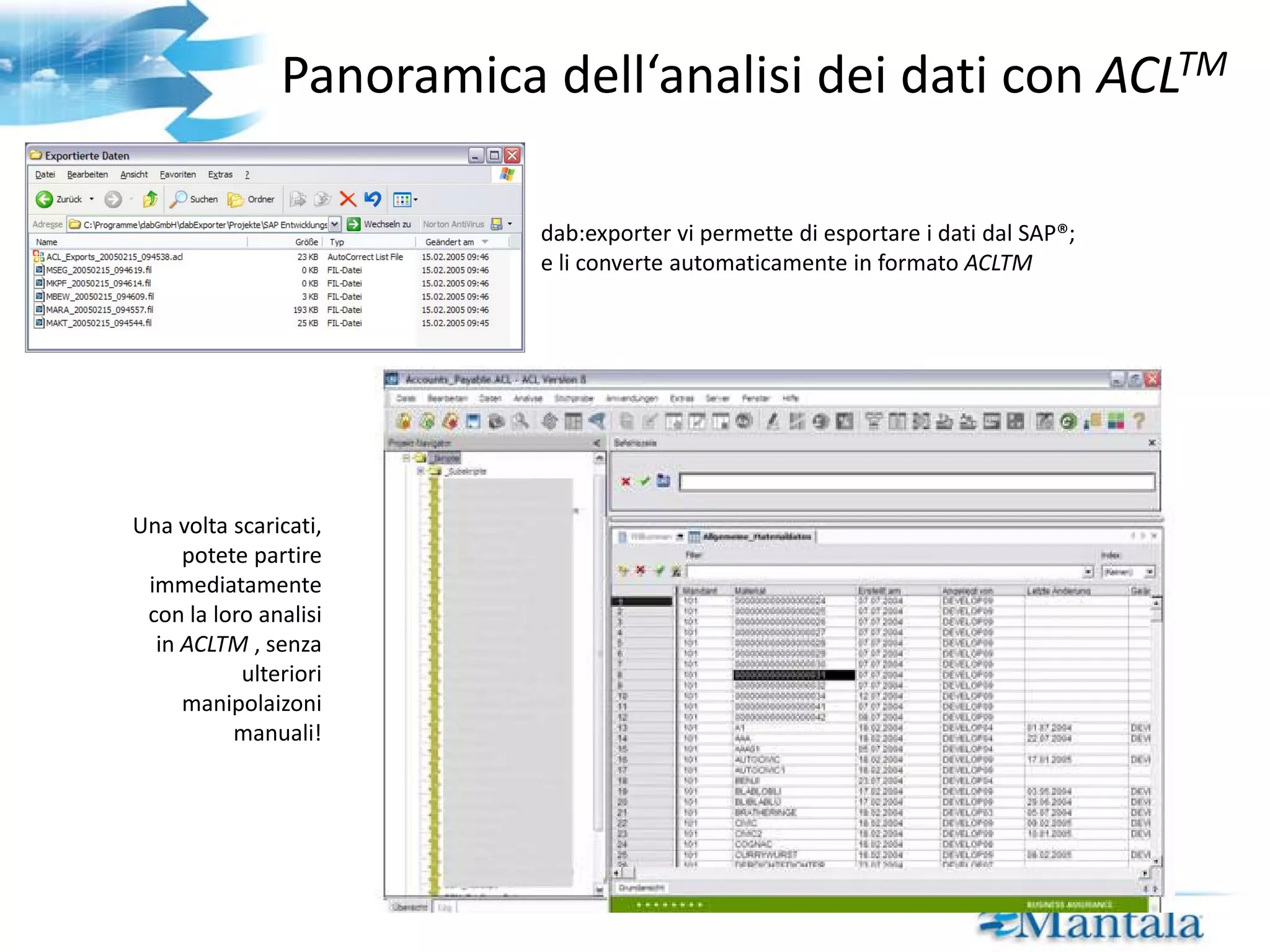 Conclusioni – Concetti fondamentali Benefici dal punto di vista gestionale Supporto nella pianificazione degli audit  Istituzione di un controllo globale, basato sul rischio Istituzione di parametri di riferimento basati su indicatori chiave Sistema di rapporti di alto livello Benefici dal punto di vista operativo Integrità senza soluzioni di continuità La soluzione facilita lo svolgimento delle attività quotidiane degli auditor Un partner aziendale esperto Competenze SAP® + Competenze  ACL TM  +  Esperienza aziendale Diversi aspetti, diverse soluzioni, un solo partner 