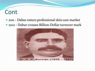Cont
 2011 - Dabur enters professional skin care market
 2012 - Dabur crosses Billion-Dollar turnover mark
 