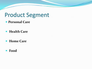 Product Segment
 Personal Care


 Health Care


 Home Care


 Food
 