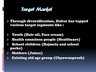 Target Market

 Through diversification, Dabur has tapped
 various target segments like :

 Youth (Hair oil, Face cream)
 Health conscious people (Healthcare)
 School children (Hajmola and school
 packs)
 Mothers (Juices)
 Existing old age group (Chyawanprash)
 