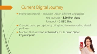 Current Digital Journey
 Promotion channel – Television (Ads in different languages)
You tube ads – 3.2million views
Facebook – 241312 likes
 Changed brand perception by using long-form storytelling digital
platforms
 Madhuri Dixit as brand ambassador for its brand Dabur
Chyawanprash
 